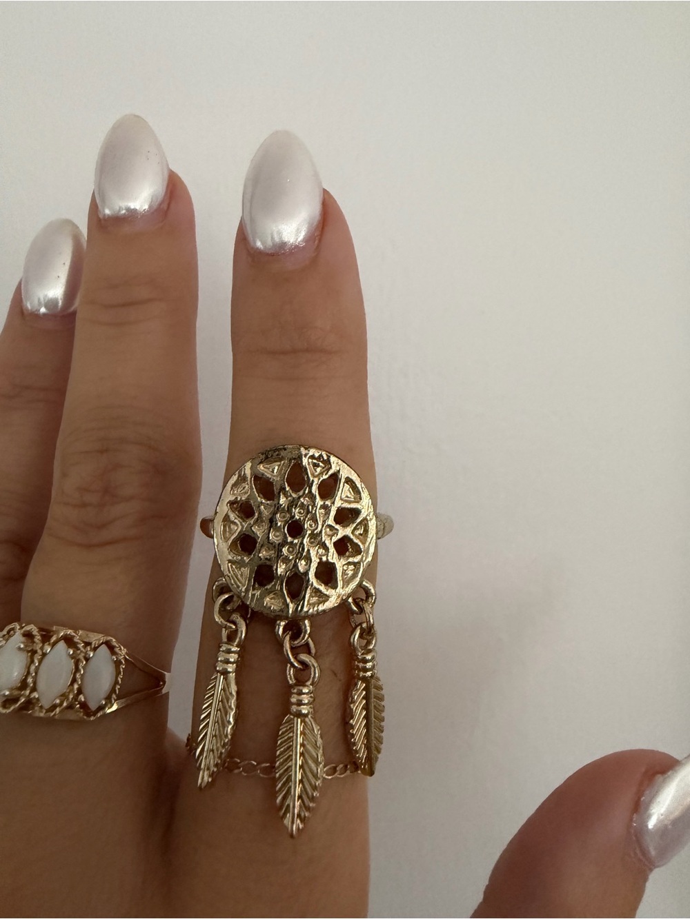 Gold Dreamcatcher Feather Charm Ring - Women Jewelry